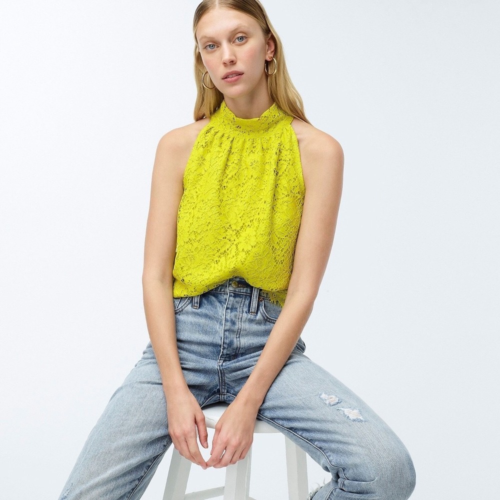 J. CREW Neon Yellow/Chartreuse Sleeveless Lace Tie-Neck Halter Top 3X